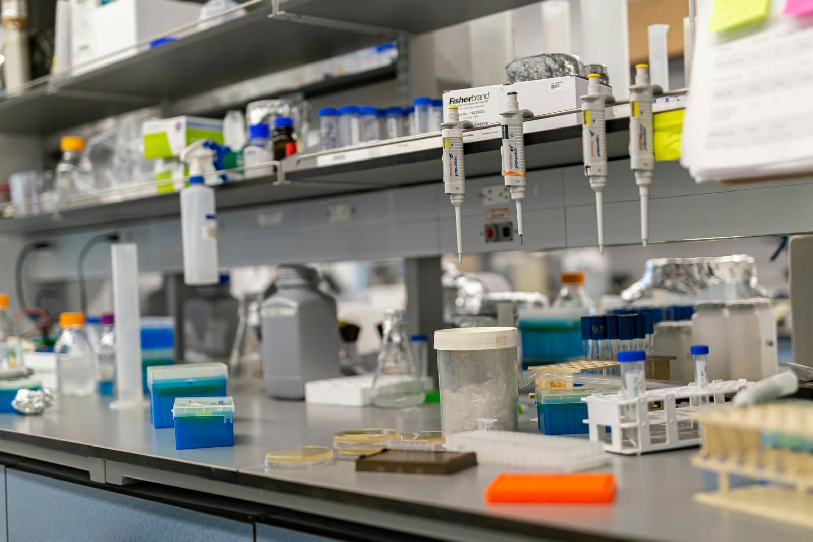 Laboratory bench with pipettes and sample racks